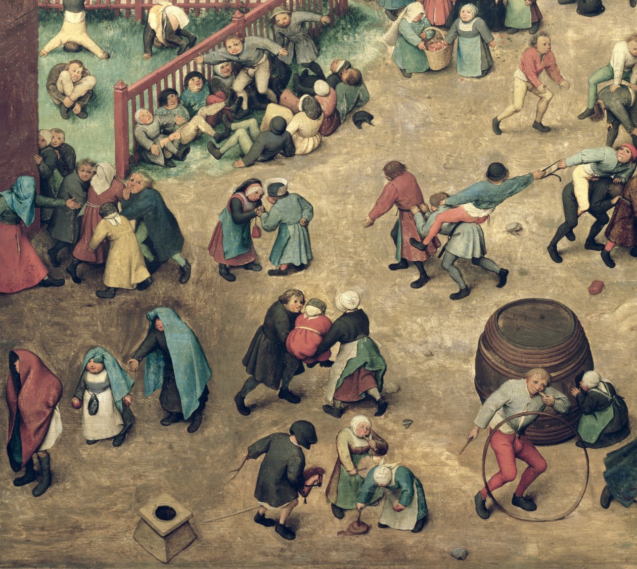 Barnespill (Kinderspiele): detalj av venstre del som viser barn som bowler bøyler, står på hånden, leker med en hobbyhest og andre spill, 1560 (detalj av 68945) av Pieter Bruegel the Elder