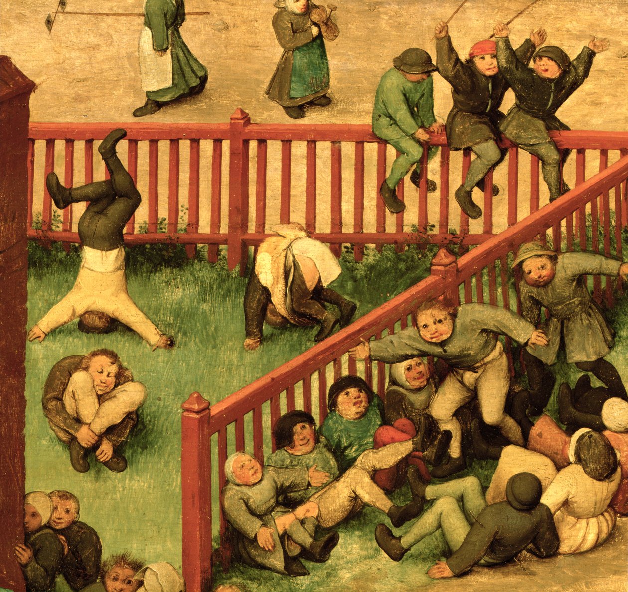 Barneleker (Kinderspiele): detalj av venstre del som viser barn som løper hansken, driver med gymnastikk og balanserer på et gjerde, 1560 (detalj av 68945) av Pieter Bruegel the Elder