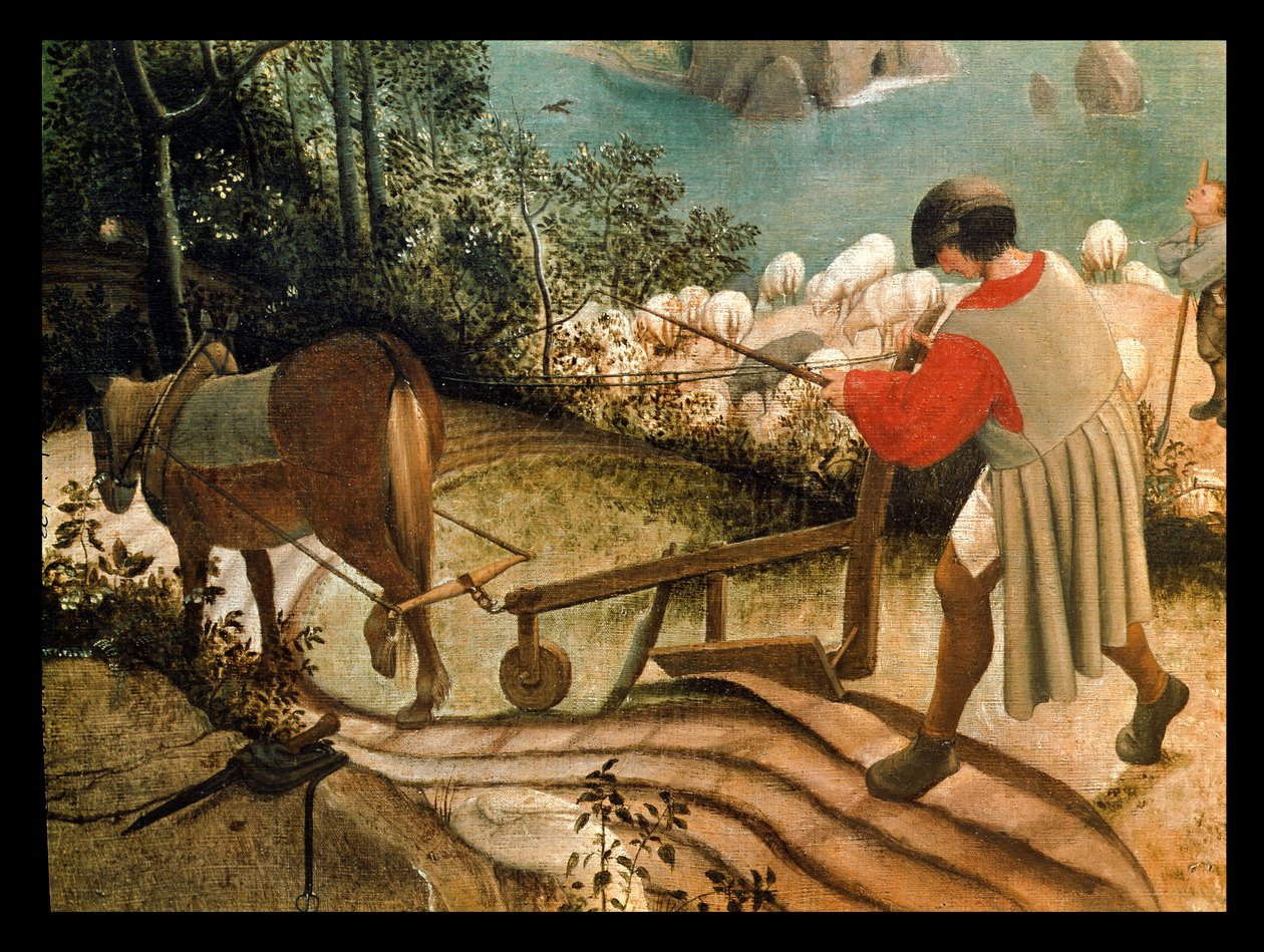 Landskap med Ikaros fall, detalj av en mann som pløyer, ca. 1555 av Pieter Bruegel the Elder