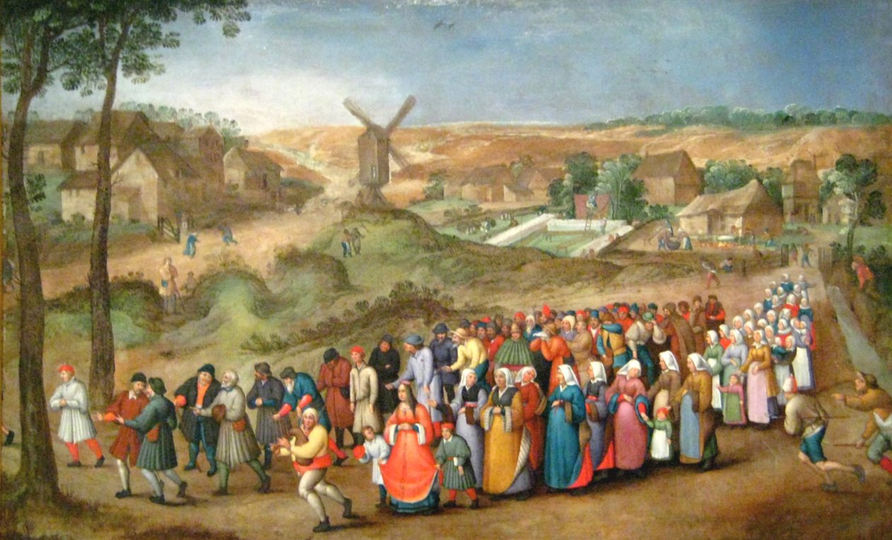 Bryllupsprosesjon foran et landskap av Pieter Brueghel the Younger