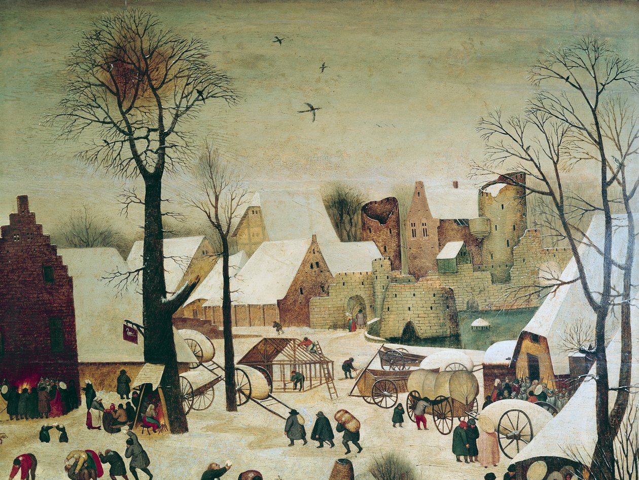 Folketellingen i Betlehem, detalj av husene og festningsverkene av Pieter Brueghel the Younger