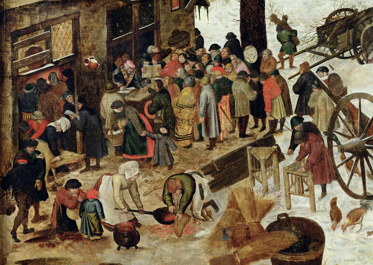 Betalingen av tienden, eller folketellingen i Betlehem, detalj, etter 1566 av Pieter Brueghel the Younger