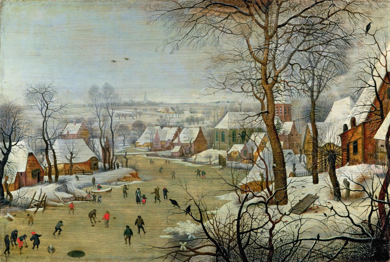 Vinterlandskap med skatere og en fuglefelle av Pieter Brueghel the Younger