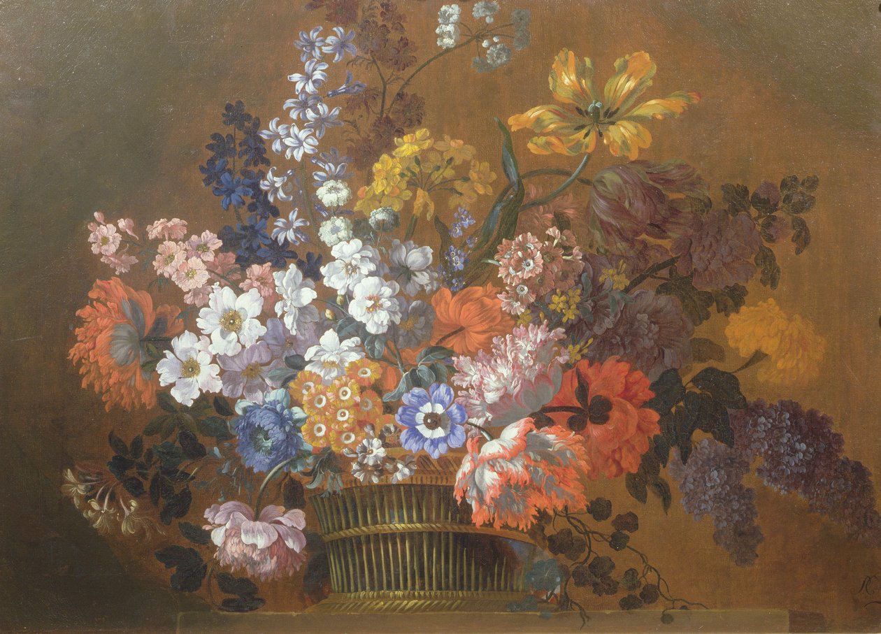 Et stilleben med blomster i en kurv på en avsats av Pieter Casteels