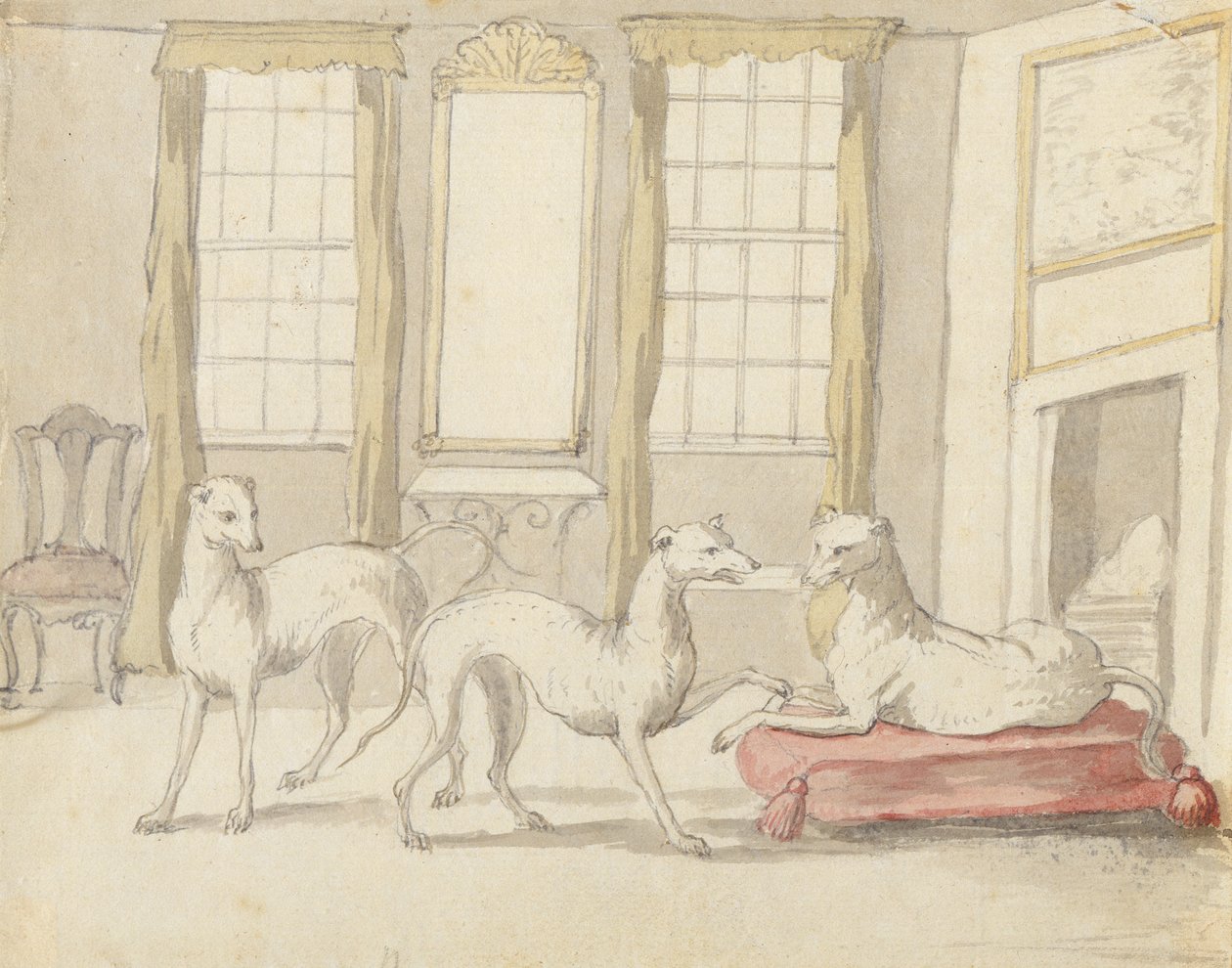 Tre greyhounds i et rom (grafitt og penn og blekk på papir) av Pieter Casteels