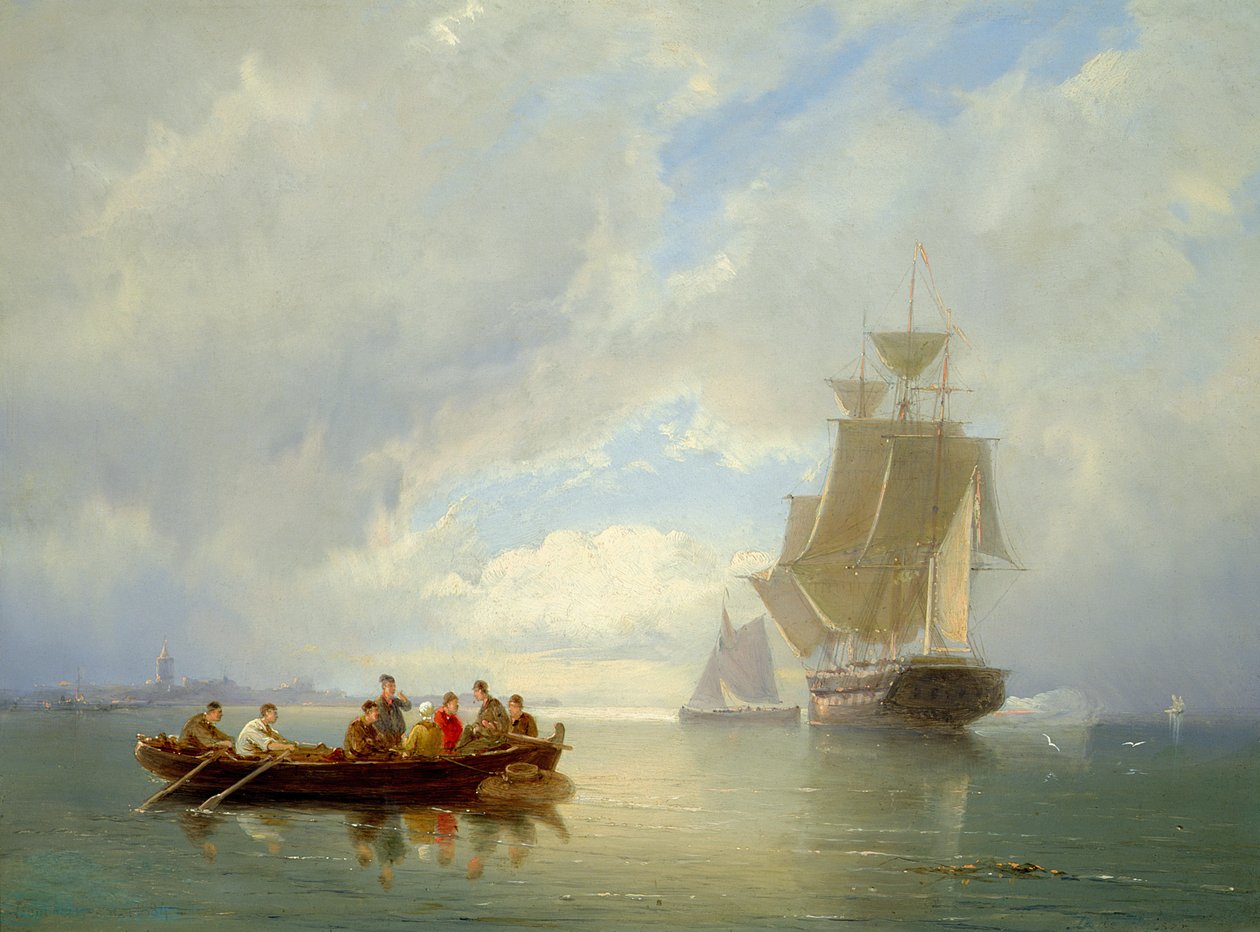 Et skip Becalmed og en robåt av Pieter Christiaan Cornelis Dommelshuizen