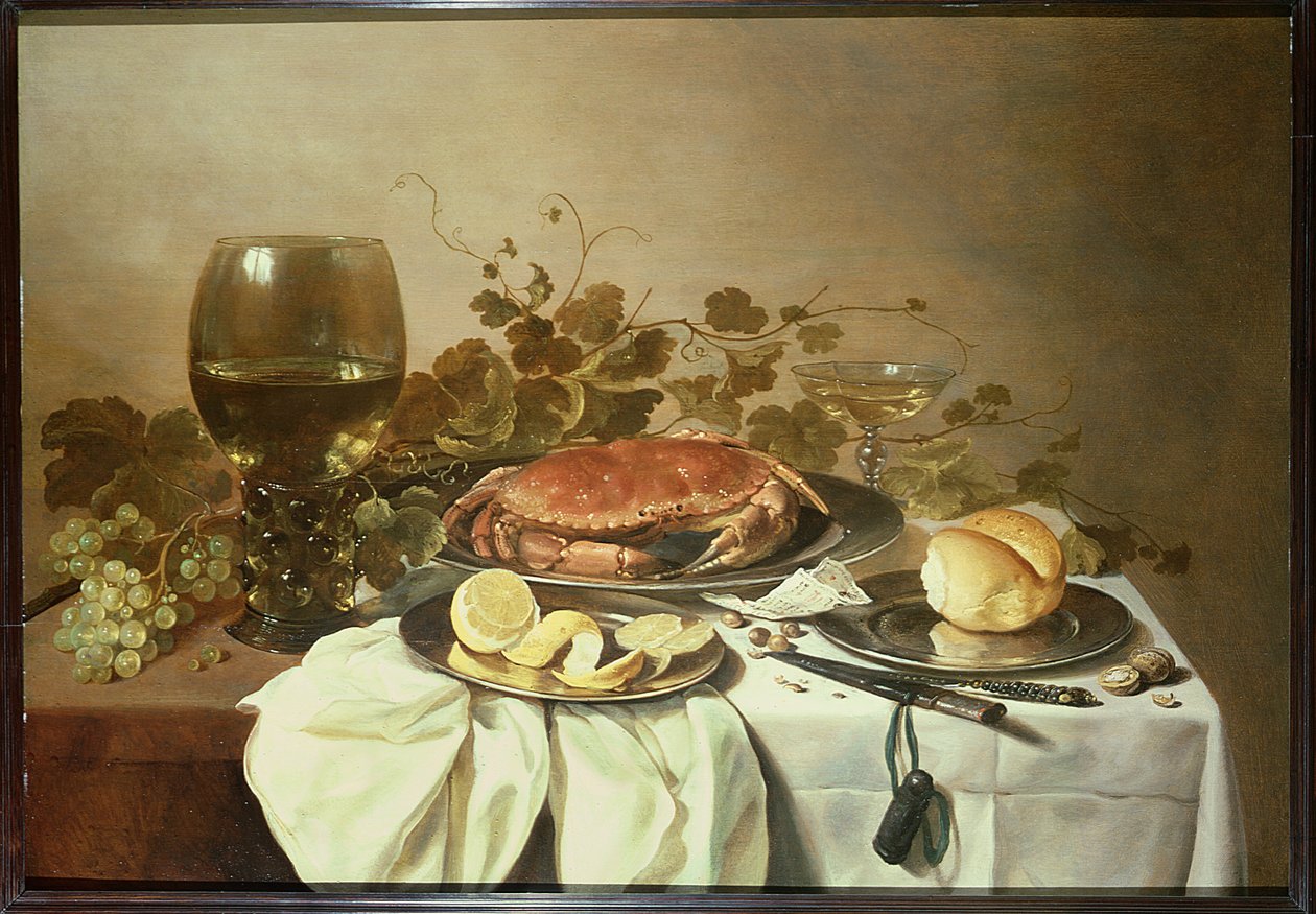 Frokost stilleben med roemer og en krabbe av Pieter Claesz