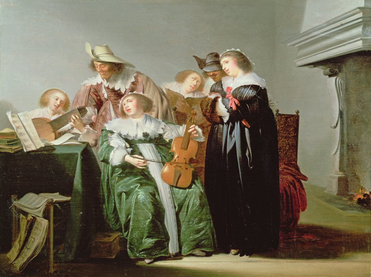 Elegante figurer som lager musikk i et interiør av Pieter Codde