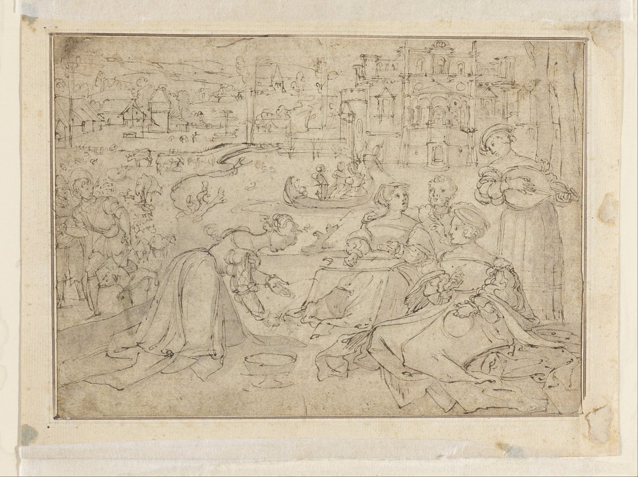 Recto: April måned (figurer i en park nær et slott) av Pieter Coecke van Aelst