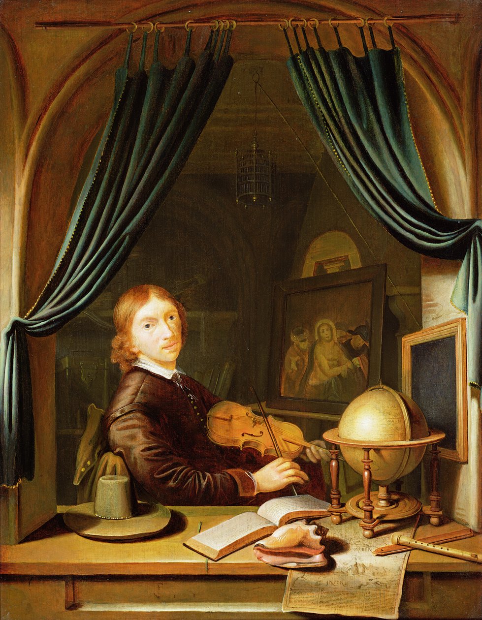 En musiker som spiller en fiolin ved en drapert kasse av Pieter Cornelisz van Egmont