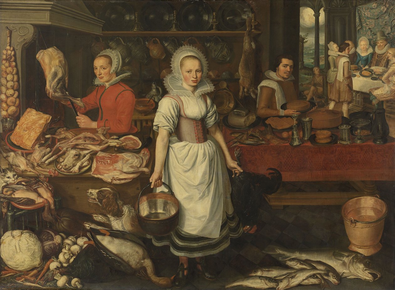 Kjøkkenscene med lignelsen om den rike mannen og den stakkars Lasarus av Pieter Cornelisz van Rijck  