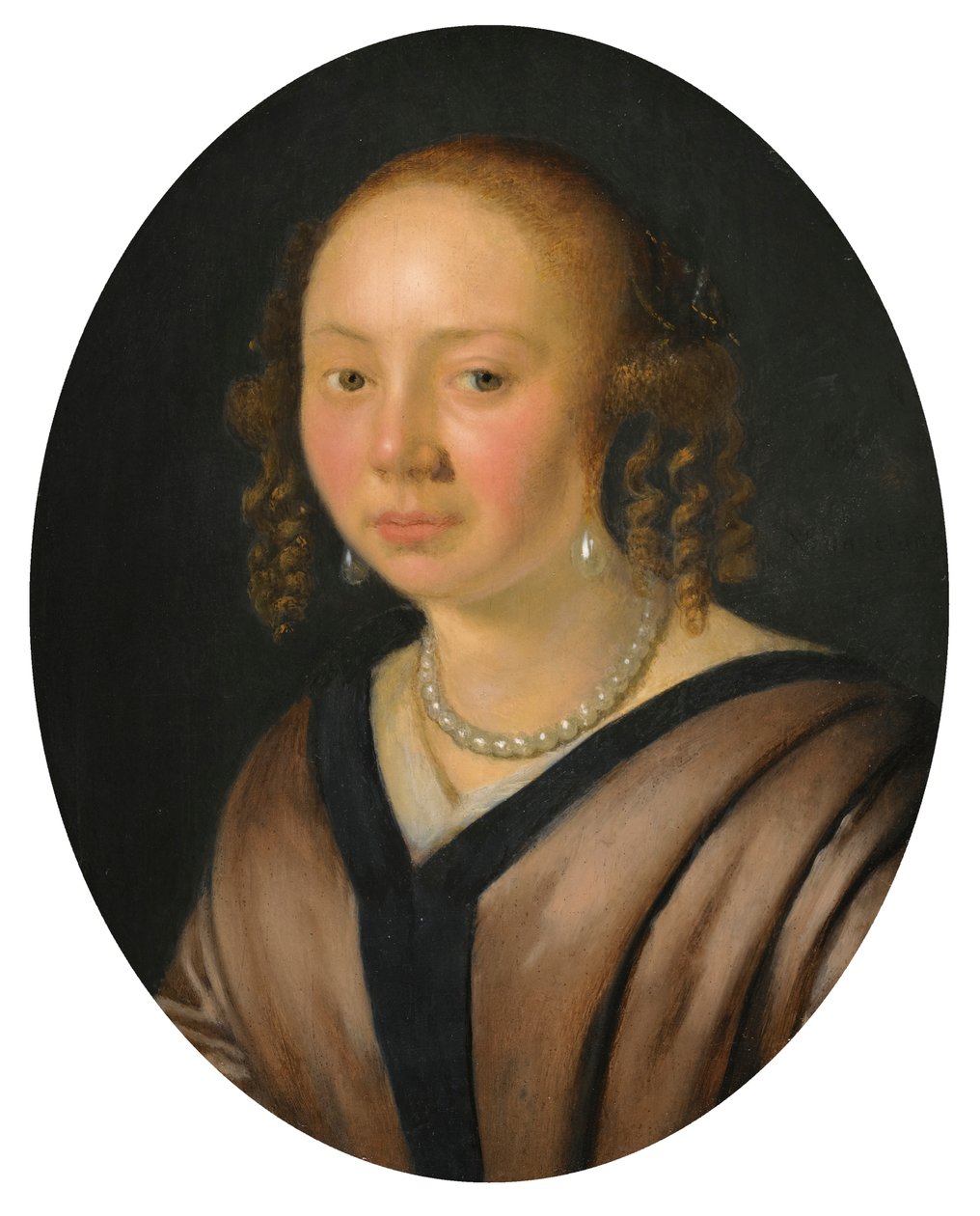 Portrett av en dame, hode og skuldre med øredobber og et halskjede av Pieter Cornelisz van Slingelandt