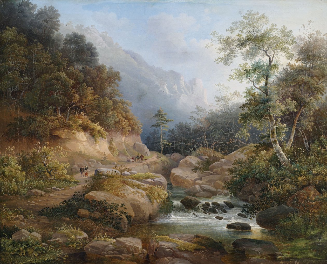 Fjellaktig elvelandskap med figurstab av Pieter Francis Peters
