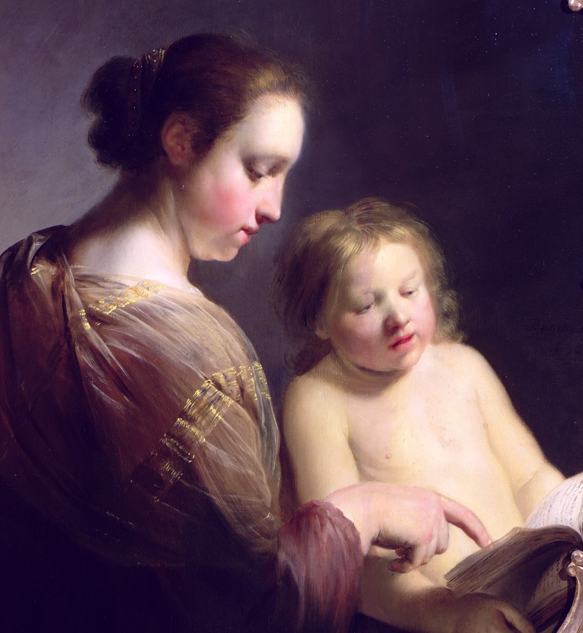 Jomfruen som lærer spedbarnet Kristus å lese, ca. 1630 (detalj fra 177874) av Pieter Fransz de Grebber