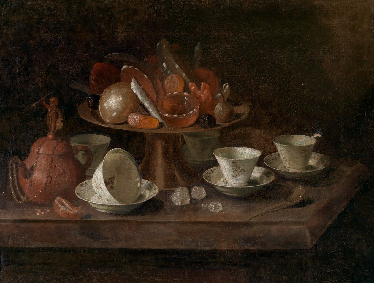 Stilleben med sjokoladekopper og en tazza med søtsaker av Pieter Gerritsz. van Roestraten