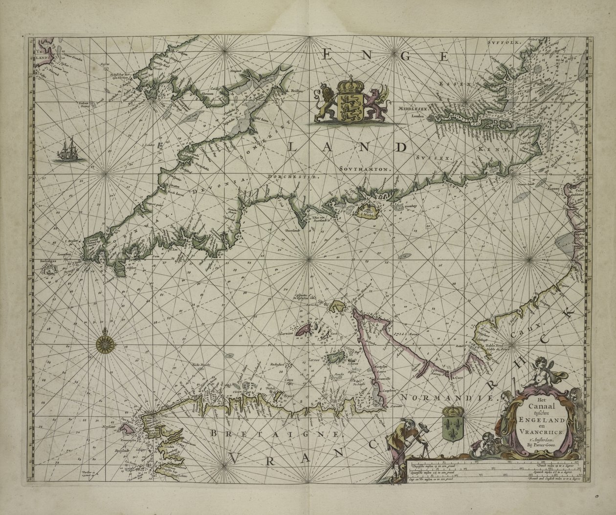 Antikk kart over Channel, 1666 (fargegravering) av Pieter Goos