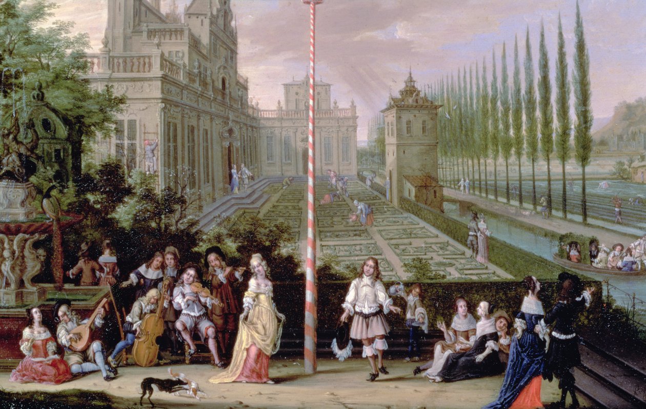 Detalj av elegante figurer som spiller musikkinstrumenter rundt en majstang (olje på kobber) (detalj av 82407) av Peeter Gijsels