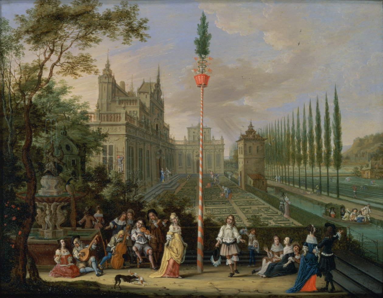 Elegante figurer som spiller musikkinstrumenter rundt en majstang (olje på kobber) (for detaljer se 86499) av Peeter Gijsels