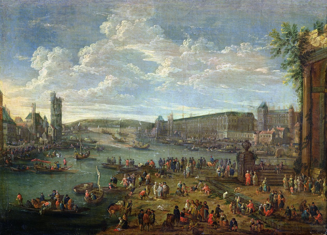 Utsikt over Louvre og Tour de Nesles fra Ile de la Cite, ca. 1673-74 av Pieter II Casteels