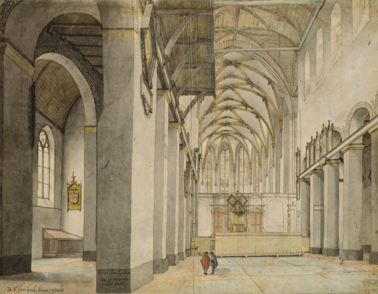 Innvendig utsikt, mot øst, av Johanneskirche, Utrecht, 15. september 1636 (penn over blyant og akvarell på papir) av Pieter Janszoon Saenredam