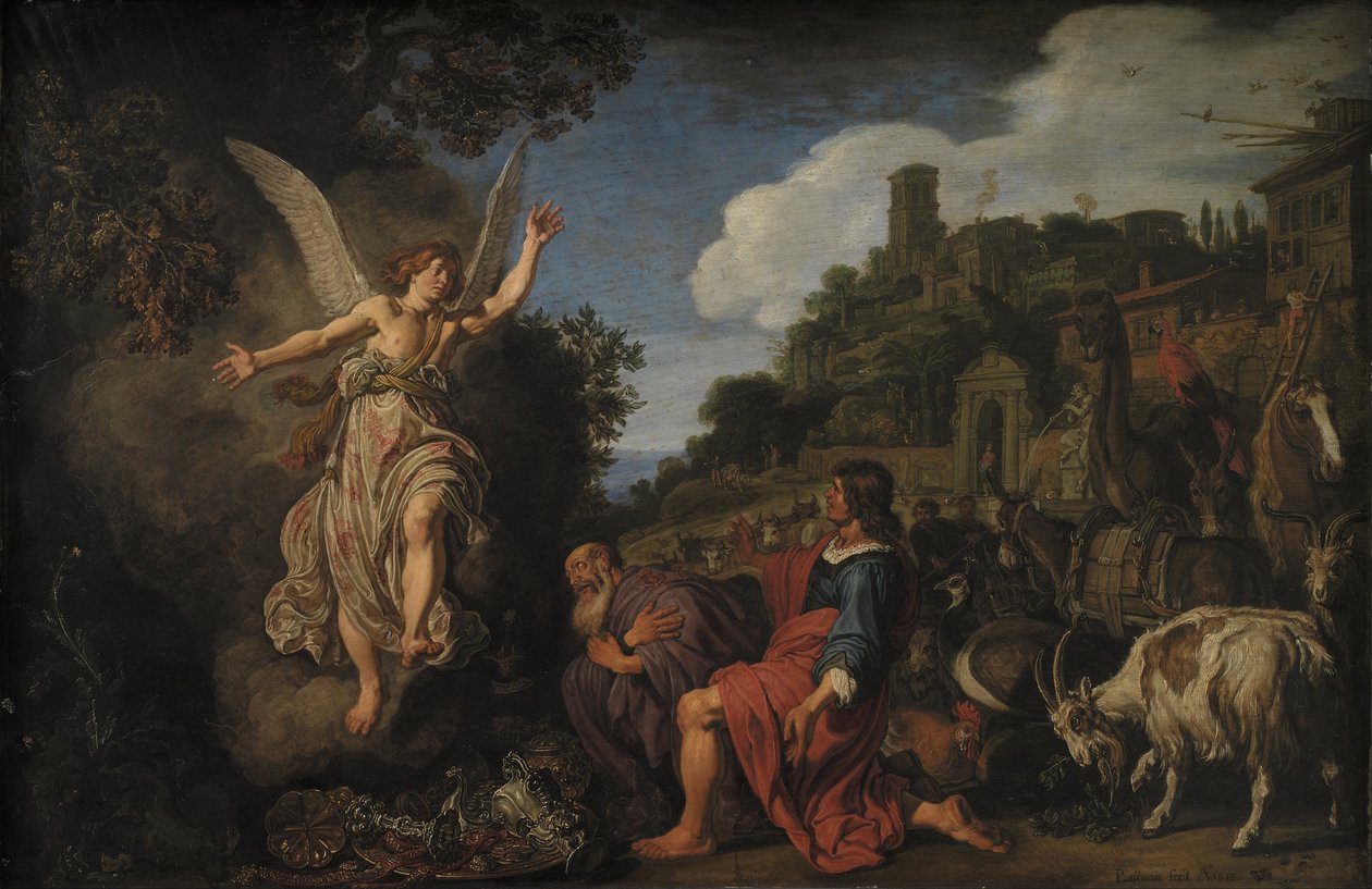 Engelen Raphael tar permisjon av gamle Tobit og sønnen Tobias av Pieter Lastman