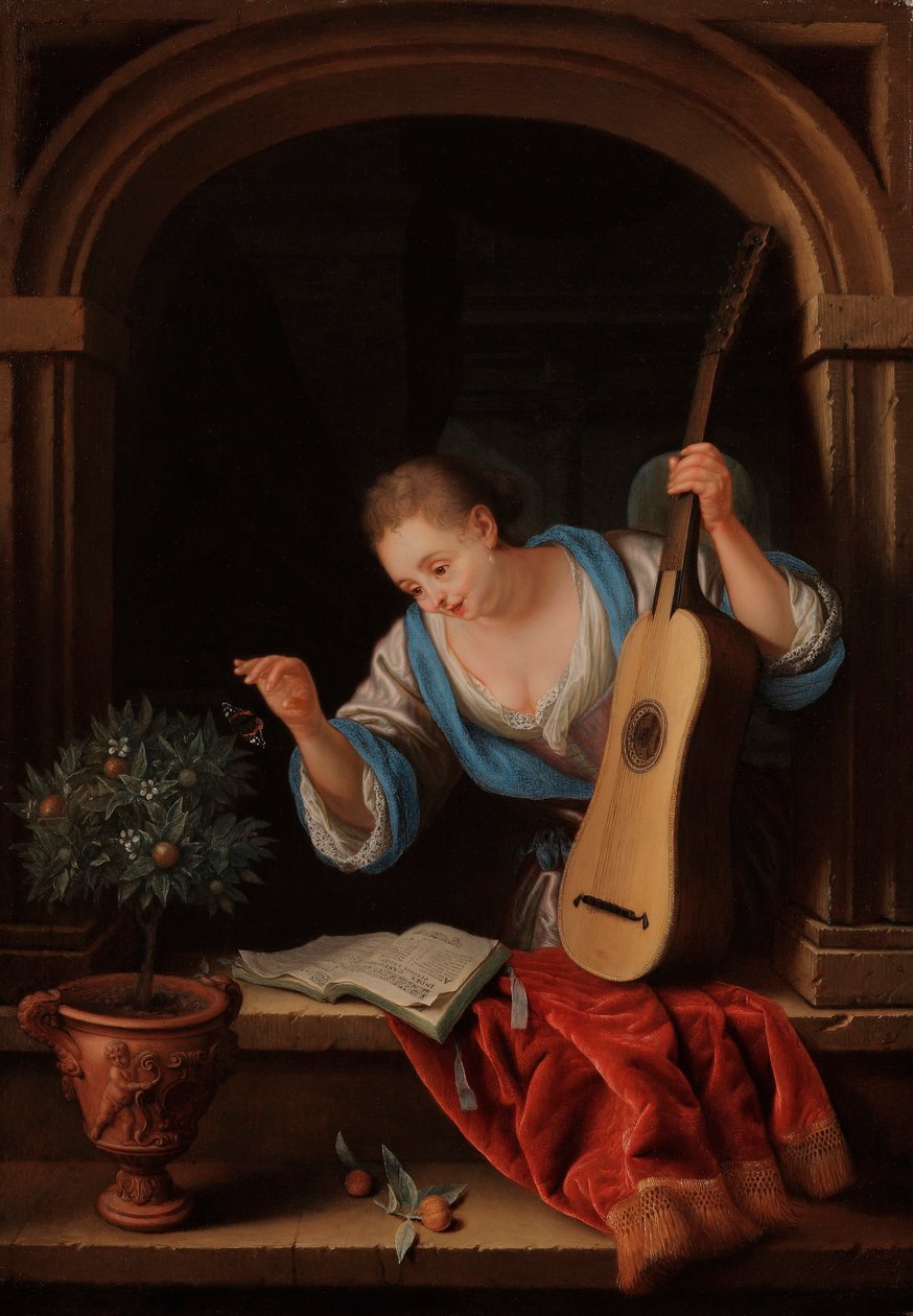 En ung kvinne med en gitar i en vindusnisje av Pieter Leermans