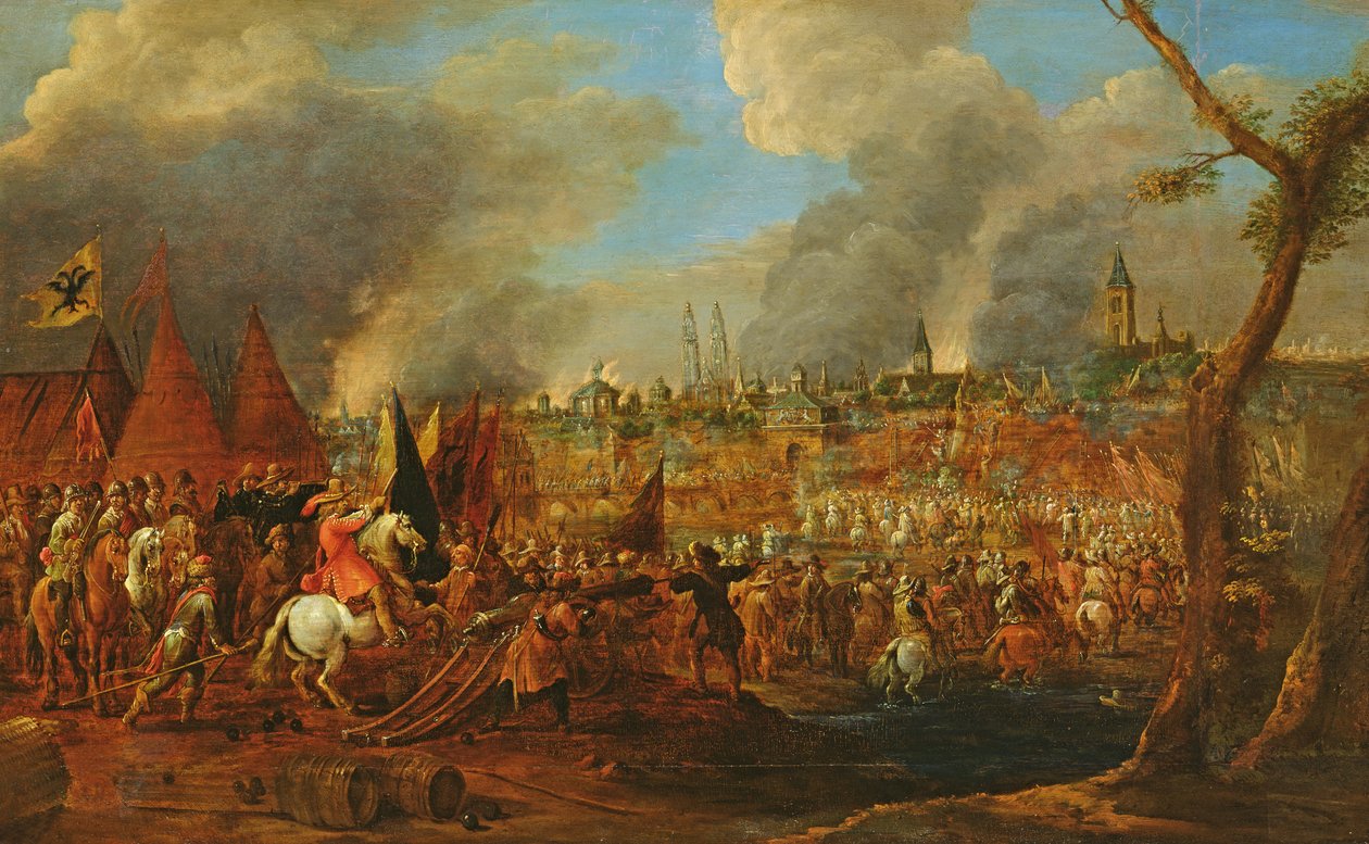Beleiring av en by av imperialistene, kanskje beleiringen av Magdeburg i 1631, ca. 1650 av Pieter Molenaer