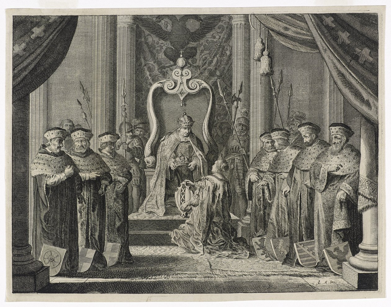 Donasjon av den keiserlige kronen til byen Amsterdam, 1638 av Pieter Nolpe