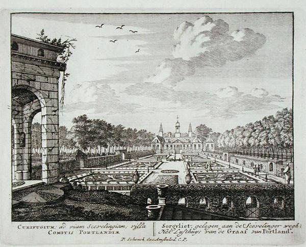 Huset og hagen ved Sorgvliet, sete for Hans Willem Bentinck (1649-1709), 1. jarl av Portland, fra Admirandorum Quadruplex Spectaculum, av Jan van Call (1656-1703), utgitt før 1715 (engravi av Pieter Schenk
