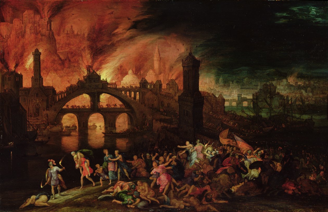 The Destruction of Troy, 1606 (olje på kobber) av Pieter Schoubroeck