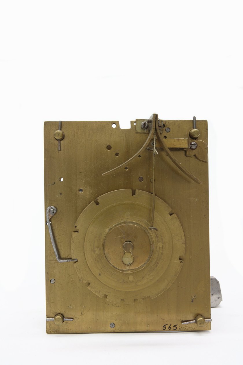Bakplaten til urverket til en bordklokke, ca. 1660 (tre og messing) av Pieter Visbach