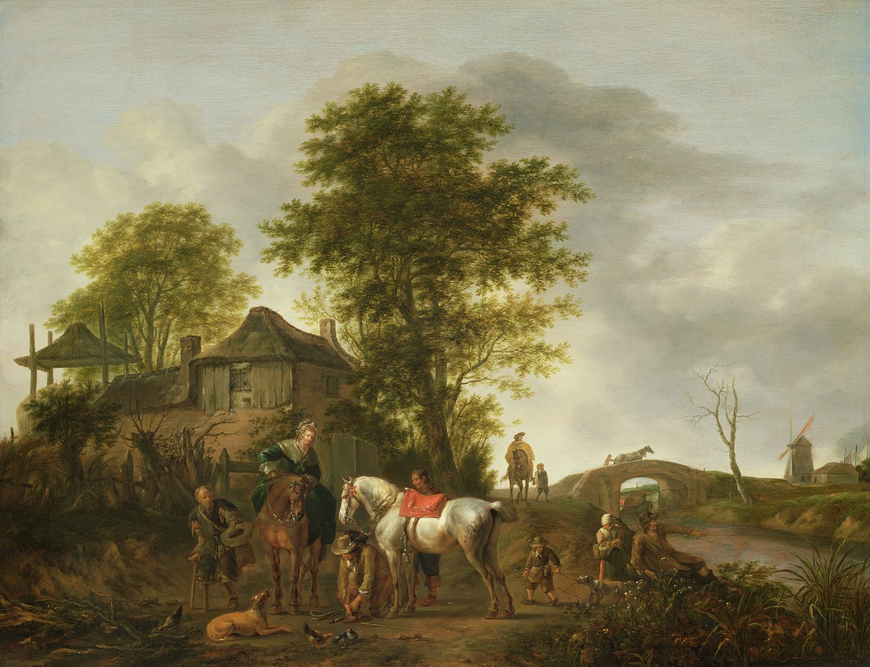 Et landskap med hytte og ryttere av Pieter Wouwermans or Wouwerman