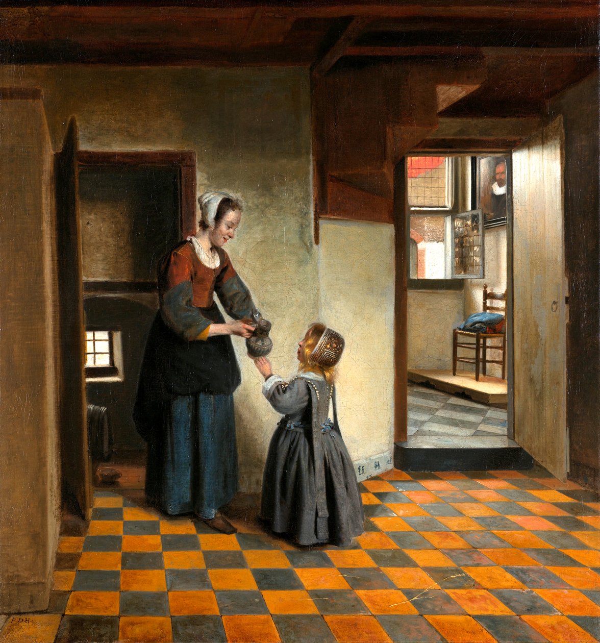 En kvinne med et barn i et pantry av Pieter de Hooch
