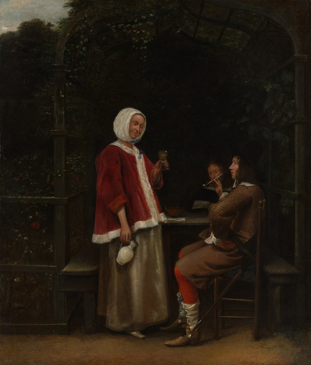 En kvinne og to menn i en arbor av Pieter de Hooch