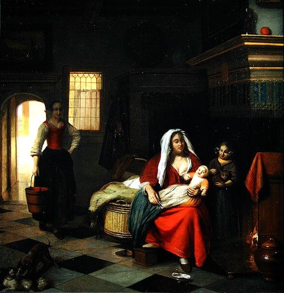 Et interiør med en mor og hennes barn av Pieter de Hooch
