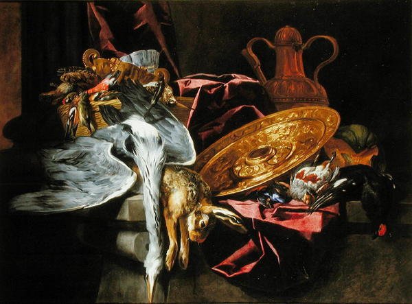 Stilleben med fuglefugler og en kanin med et preget fat alt hviler på et bord av Pieter or Peter Boel