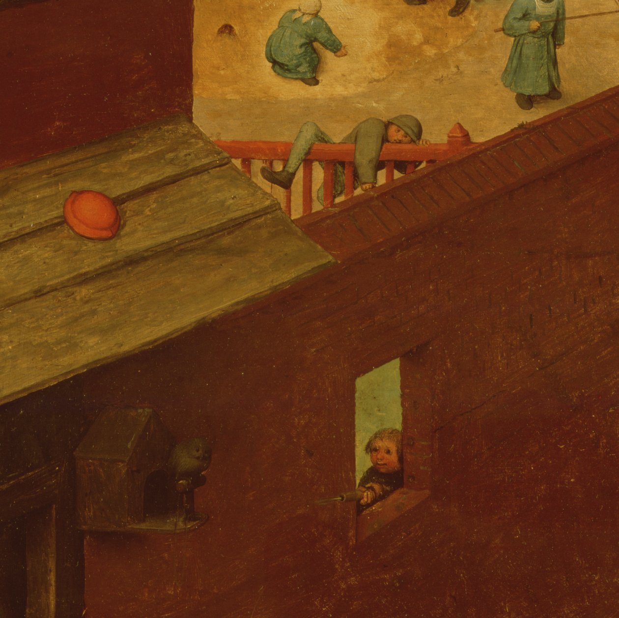 Barnespill, detalj av venstre seksjon som viser et barn som klatrer over et gjerde og en annen skyte på en fugl, 1560 av Pieter Bruegel the Elder
