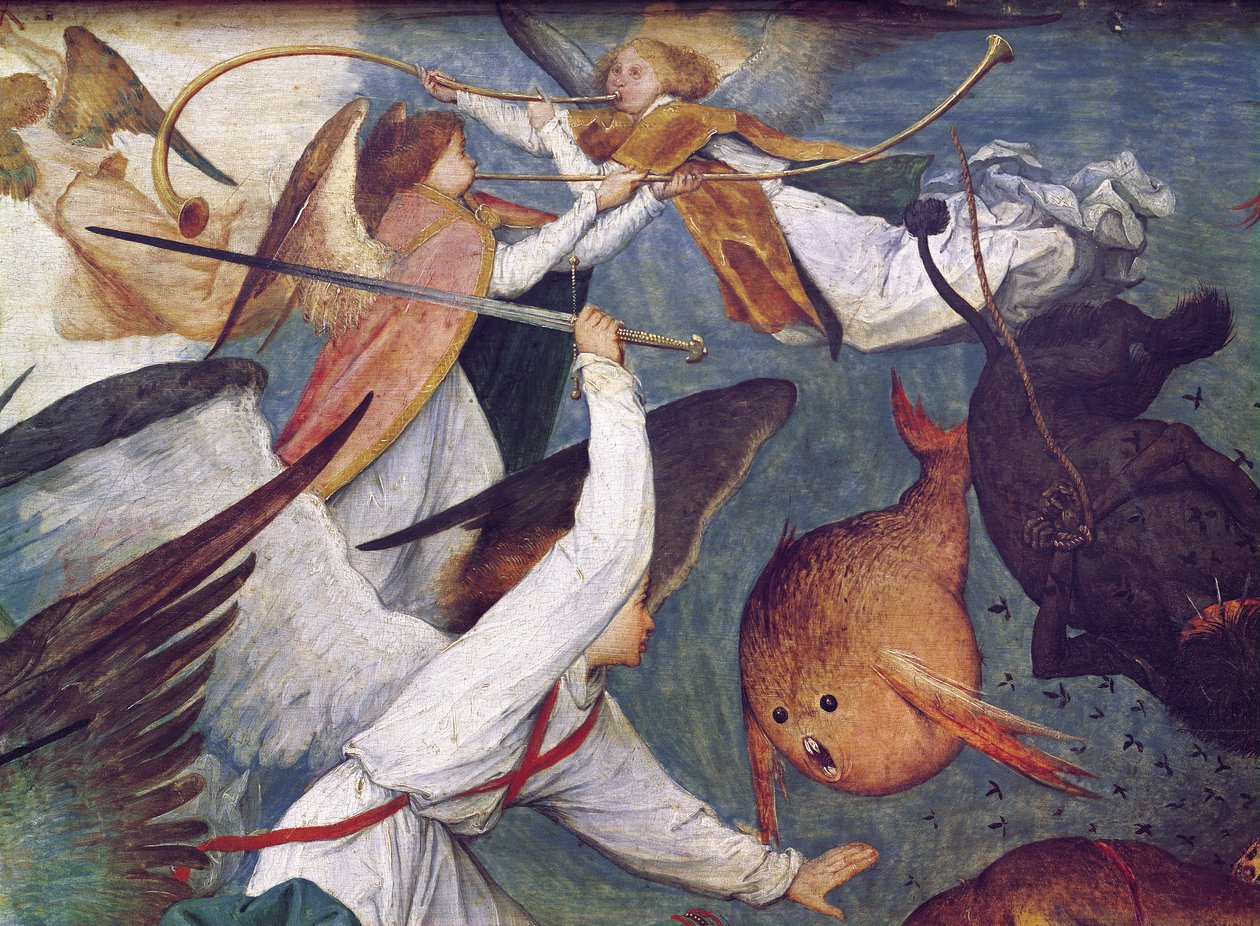 The Fall of the Rebel Angels, detalj av engler som kjemper og spiller musikkolje på panelet av Pieter Bruegel the Elder