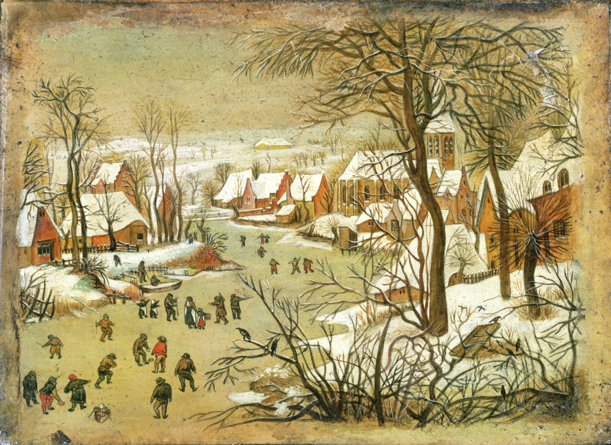 Vinterlandskap med figurer på en frossen elv av Pieter Bruegel the Elder