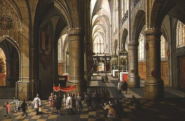 Interiøret i en katedral med en prosesjon av Pieter the Younger Neeffs