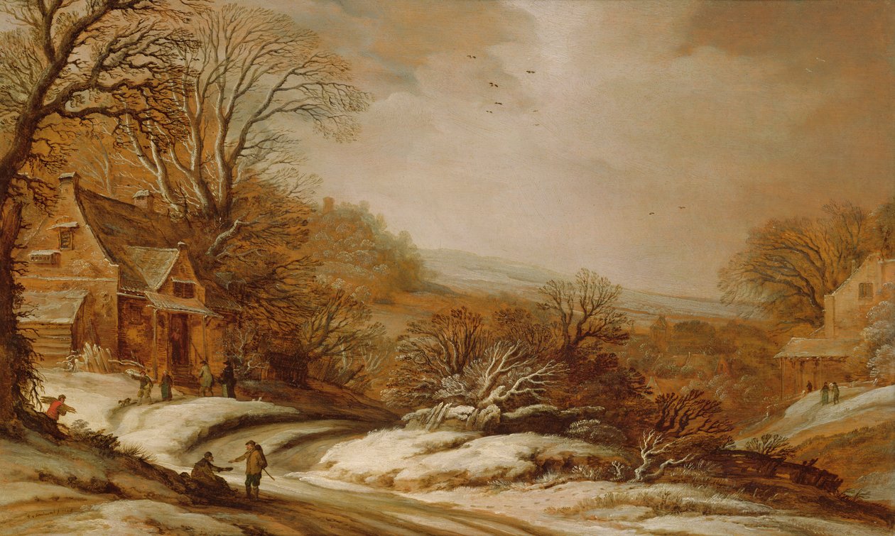 Vinterlandskap med hytter, 1625 av Pieter Dircksz Santvoort