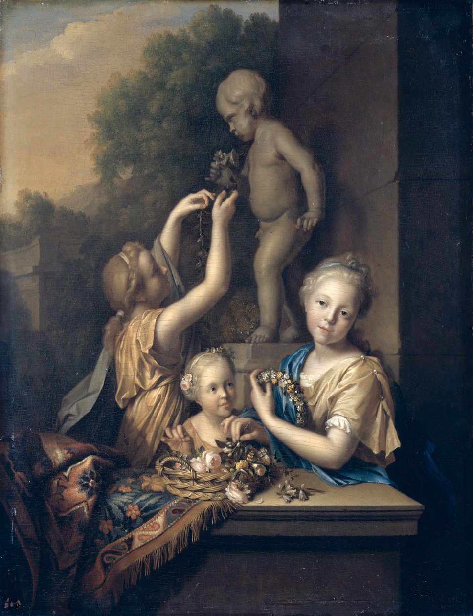 Tre jenter ofrer blomster til Amor, 1710 av Pieter van der Werff