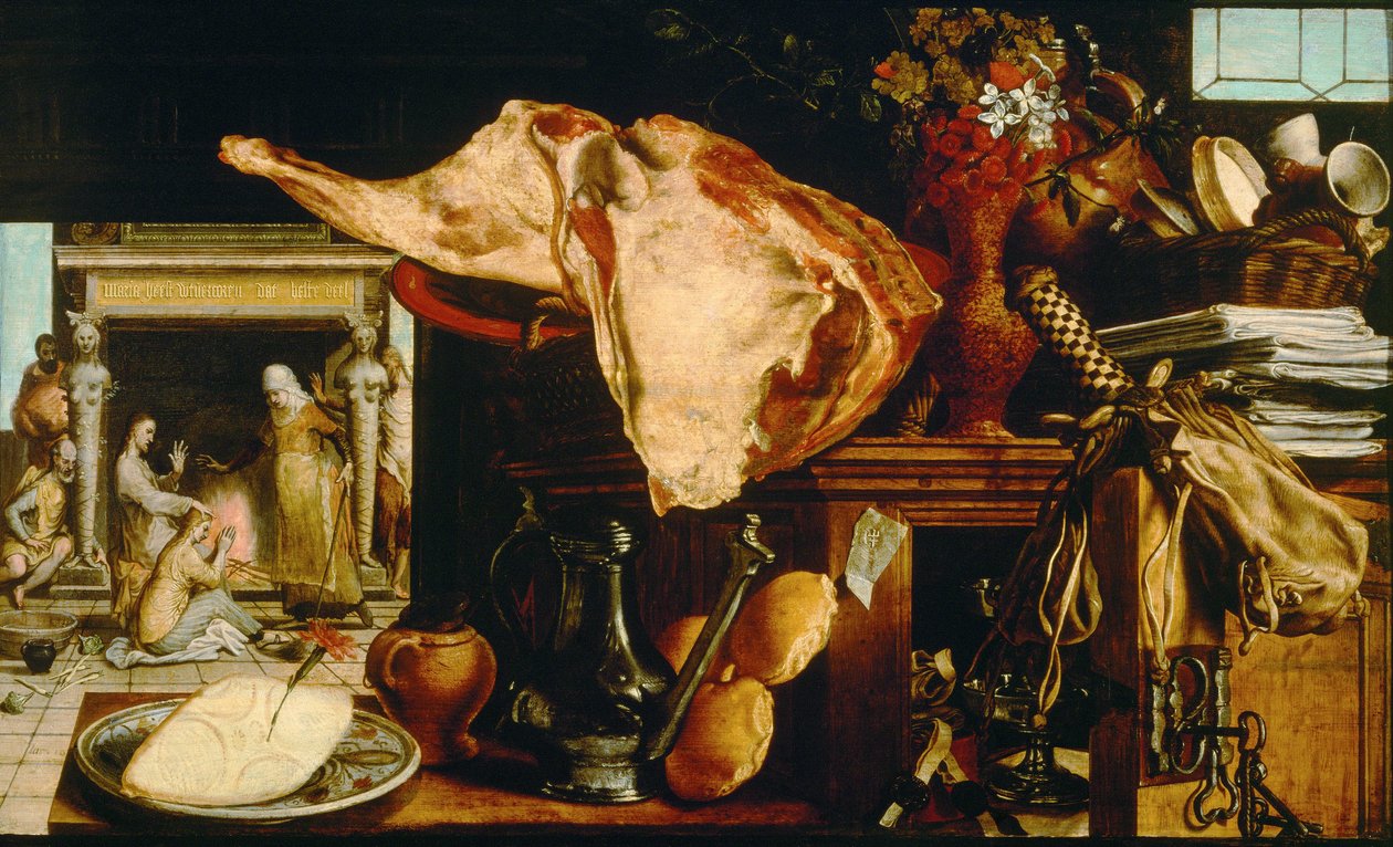 ""Vanitas et Christ chez Marthe et Marie"" (Vanity Still Life (Kristus i huset til Martha og Maria) Peinture de Pieter Aertsen (1508-1575) - 1552 - Olje på tre Dim 61,5x101 cm Kunsthistorisk museum, Vienne av Pieter Aertsen