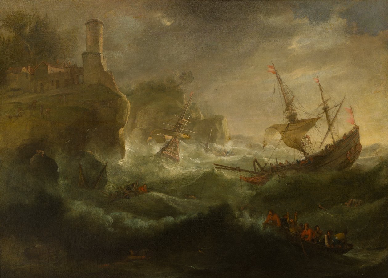 Ships Foundering off a Rocky Coast, ca. 1657-1701 (olje på lerret) av follower of Pieter Mulier