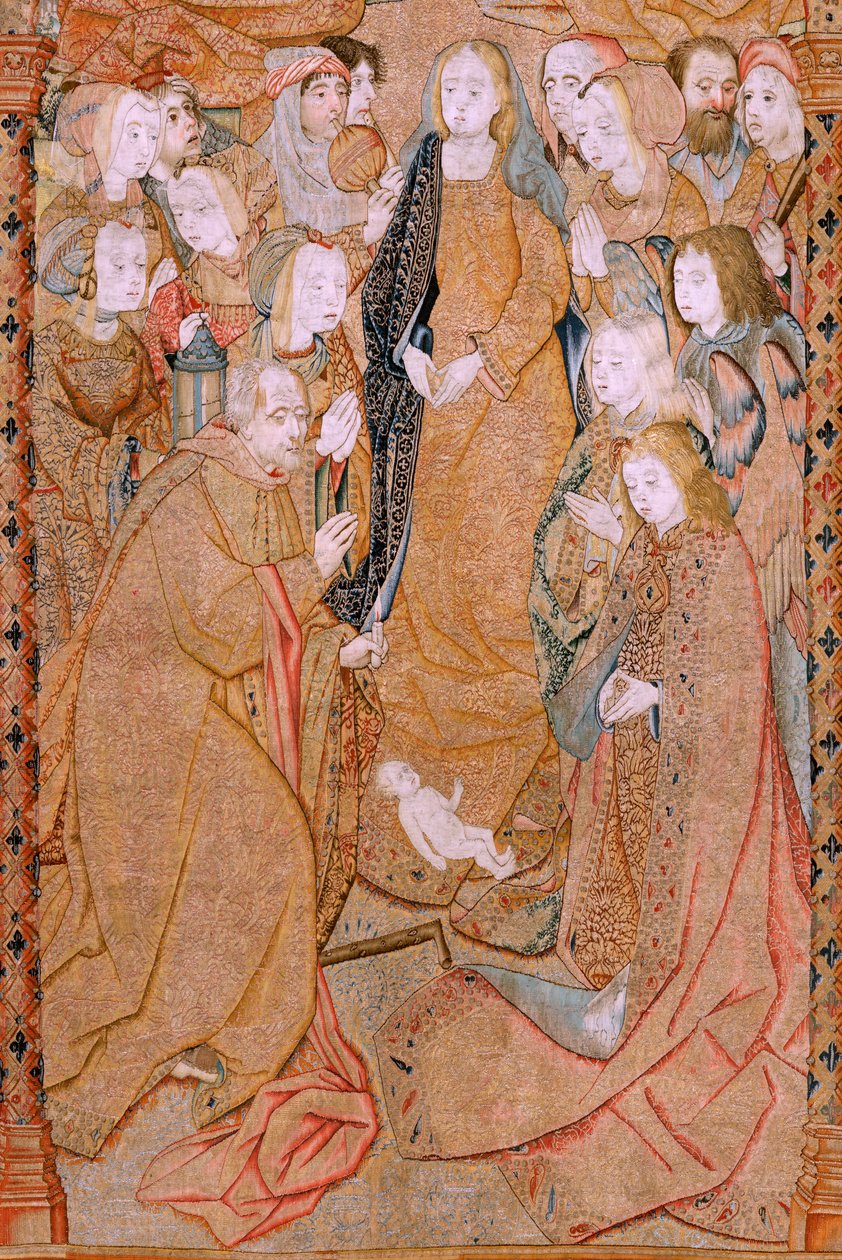 flamsk billedvev. Serien Triumphs of the Mother eller Paños de Oro. Kristi fødsel (Nacimiento de Cristo). Tredje billedvev i serien. Modell Colin de Cooter (?). Produksjon Pieter van Aelst (eller van Edingen), Brussel. Ca 1500-1502. Stoff Gull, sølv, sil av Pieter (attr. to) Coecke van Aelst