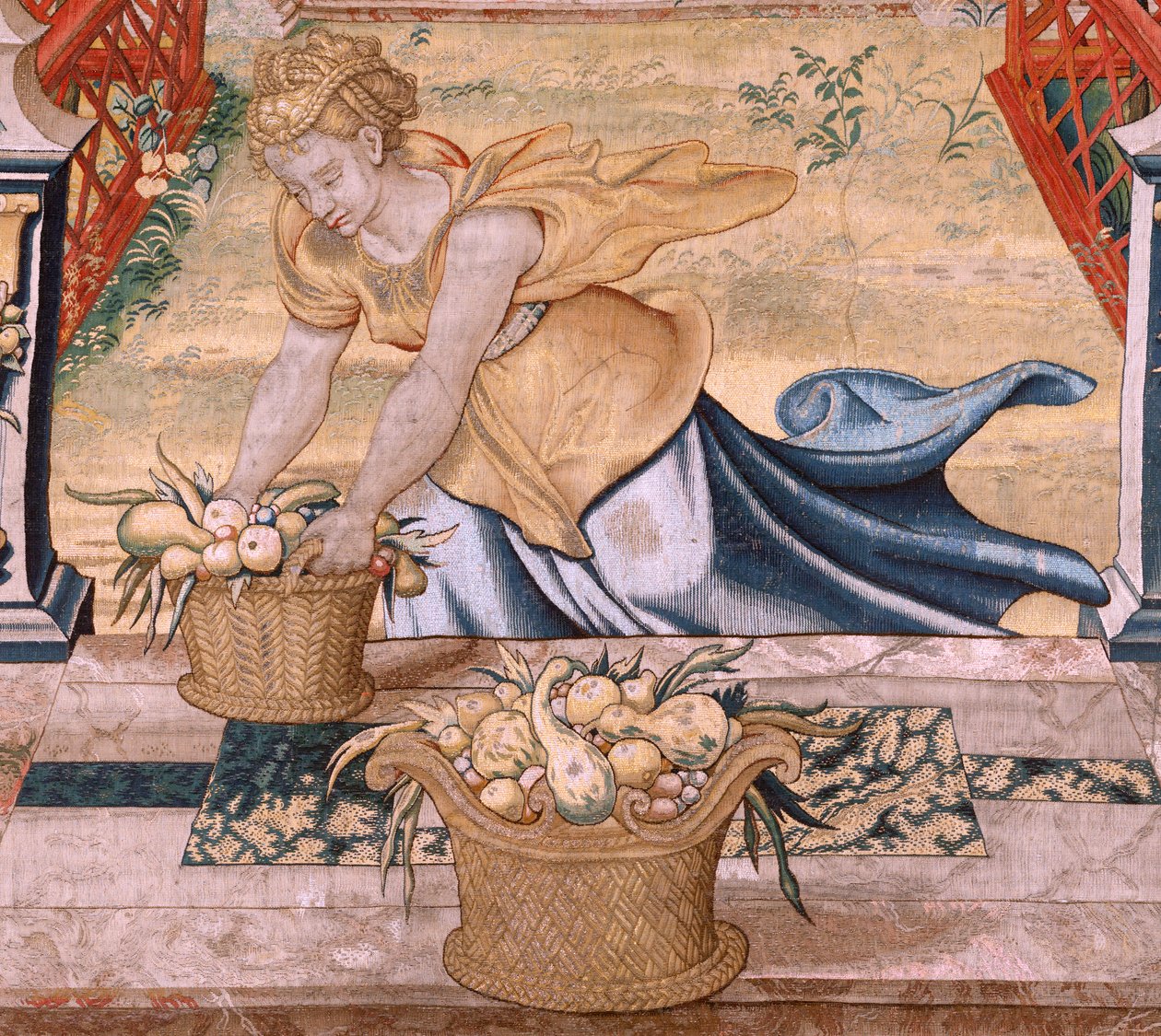 flamsk billedvev. Seriene Vertumnus og Pomona.Vertumnus forvandlet til en bonde. Sentral del av den nedre grensen ser vi en episode om Jupiters kjærlighet: Danaë. Andre billedvev i serien. Modellsirkel av Pieter Coecke van Aelst. Produksjon Wil av Pieter (circle of) Coecke van Aelst