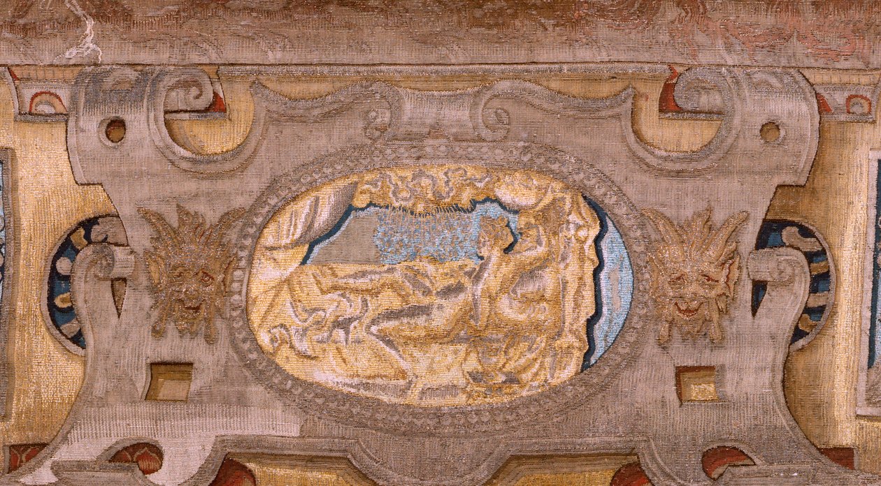 flamsk billedvev. Seriene Vertumnus og Pomona.Vertumnus forvandlet til en bonde. Sentral del av den nedre grensen ser vi en episode om Jupiters kjærlighet: Danaë. Andre billedvev i serien. Modellsirkel av Pieter Coecke van Aelst. Produksjon Wil av Pieter (circle of) Coecke van Aelst