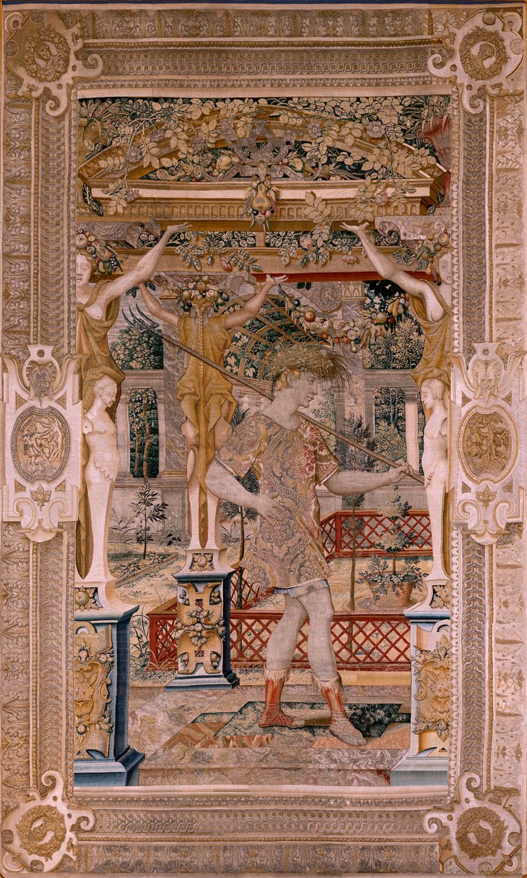 flamsk billedvev. Seriene Vertumnus og Pomona.Vertumnus forvandlet til en bonde. Andre billedvev i serien. Venstre del transformasjonen av Daphne. Modellsirkel av Pieter Coecke van Aelst. Produksjon Wilhelm Pannemaker, Brussel. Ca 1545-1550. Fabri av Pieter (circle of) Coecke van Aelst