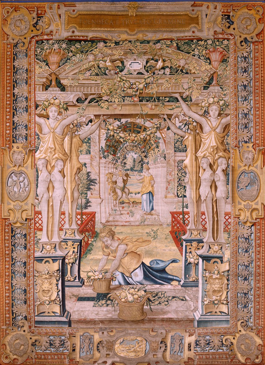 flamsk billedvev. Seriene Vertumnus og Pomona.Vertumnus forvandlet til en bonde. Sentral del av den nedre grensen ser vi en episode om Jupiters kjærlighet: Danaë. Andre billedvev i serien. Modellsirkel av Pieter Coecke van Aelst. Produksjon Wil av Pieter (circle of) Coecke van Aelst
