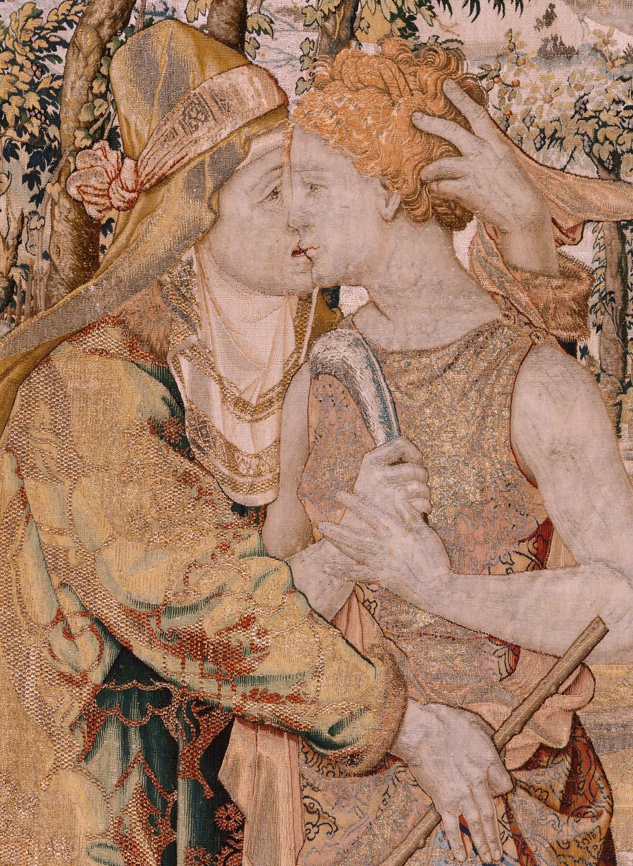 flamsk billedvev. Serien Vertumnus og Pomona. Vertumnus kysser Pomona. Syvende billedvev i serien. Modellsirkel av Pieter Coecke van Aelst. Produksjon Wilhelm Pannemaker, Brussel. Ca 1545-1550. Stoff Gull, sølv, silke og ull. Størrelse 430 x 365 cm. av Pieter (circle of) Coecke van Aelst